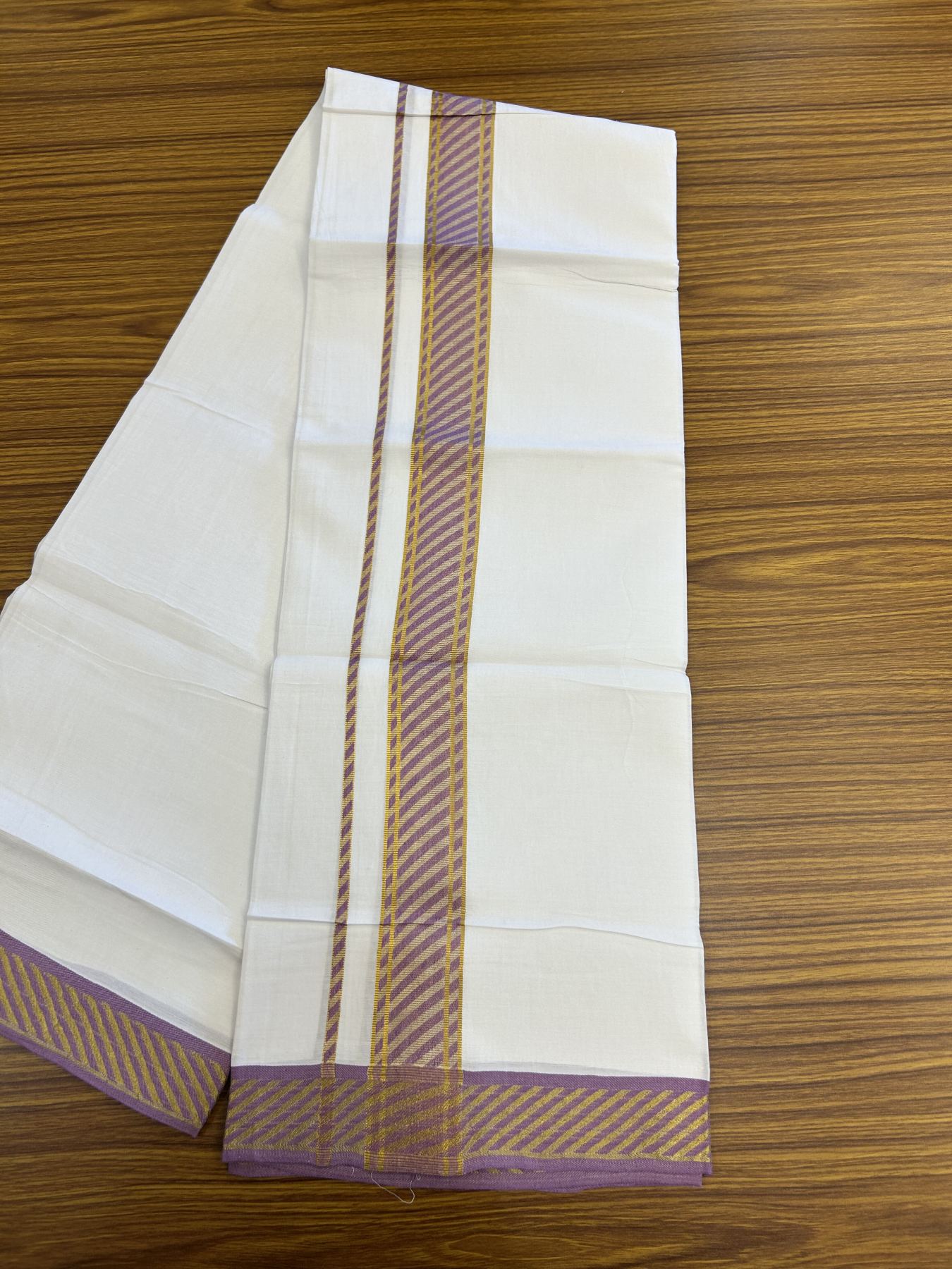 20% Discount ! KaithariKada Balaramapuram 100% Pure Cotton Single Pure White Mundu/Dhoti - 30X70 - 1.5 inch Gold Kasav & Lavender Magenta Jacquard Design kara 1.90 mtr (4 Muzham) - 10 KK5321 CJT