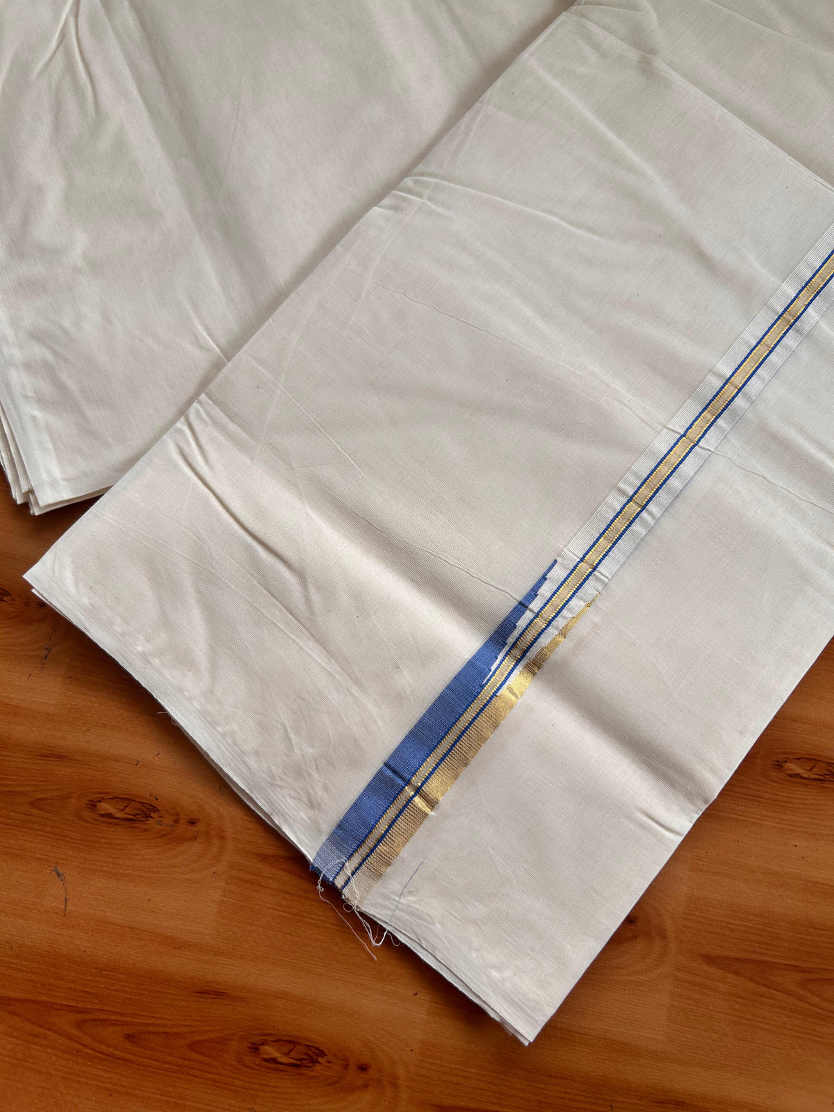 Double Off white Mundu/Dhoti - 20% Discount! KaithariKada 100% Cotton - 100x100 - 1 inch Puliyilakkara Gold Kasav & Blue Chutty Kara 4 mtr (8.5 muzham) - 7 KK5539 ASH