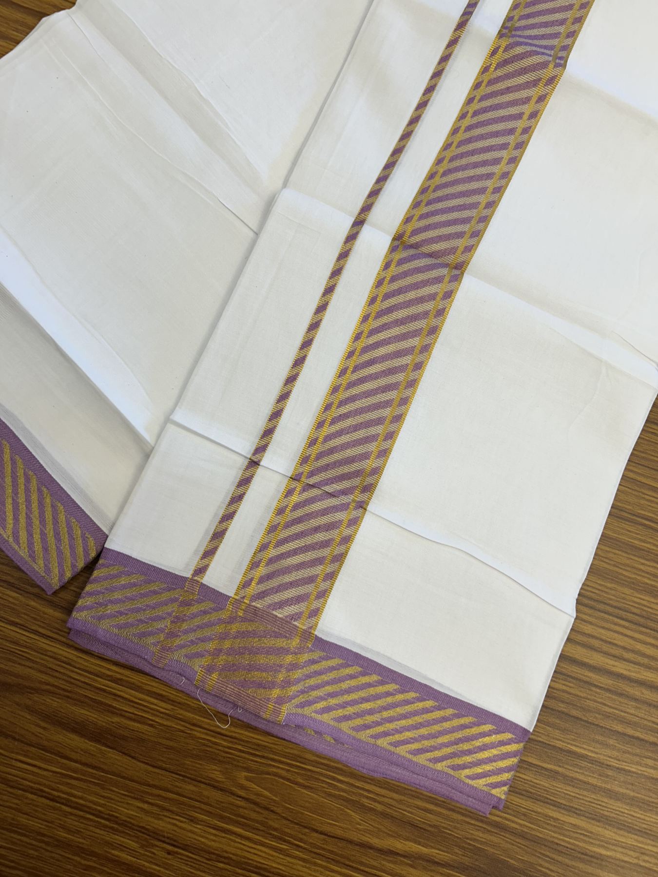 20% Discount ! KaithariKada Balaramapuram 100% Pure Cotton Single Pure White Mundu/Dhoti - 30X70 - 1.5 inch Gold Kasav & Lavender Magenta Jacquard Design kara 1.90 mtr (4 Muzham) - 10 KK5321 CJT