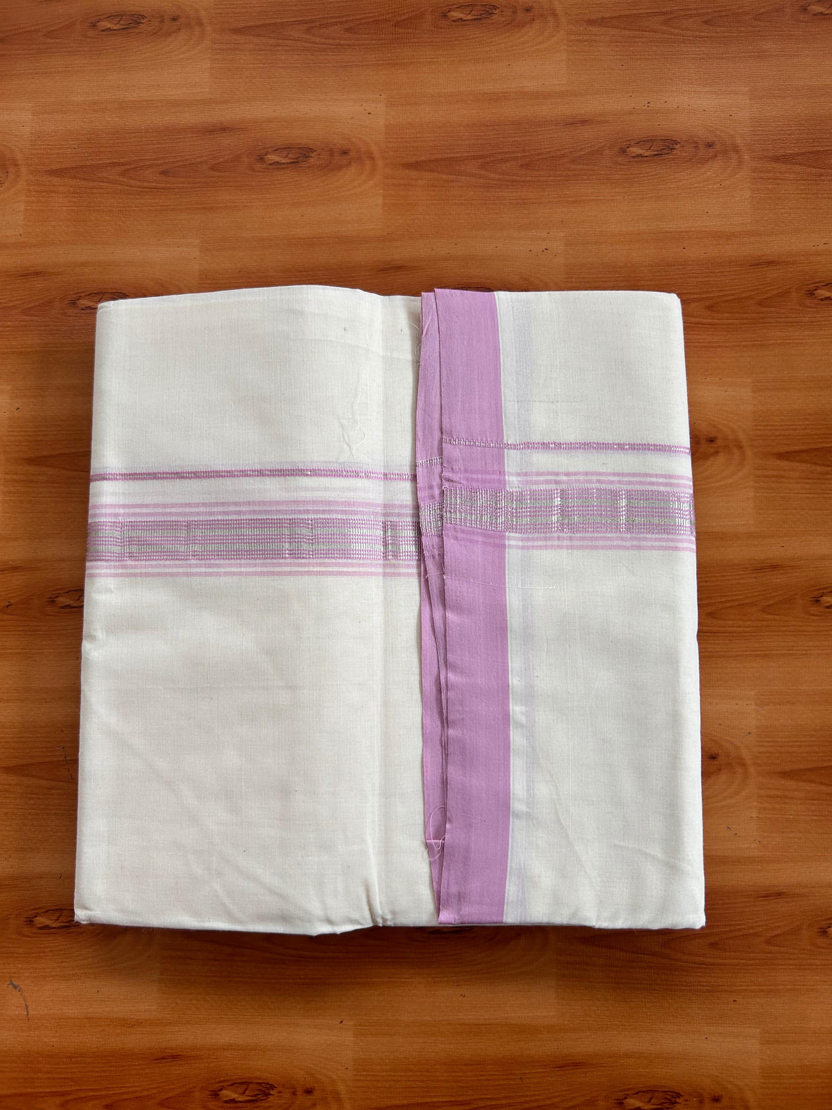 20% Discount ! KaithariKada 100% Cotton Off White (Unbleached) Double Dhoti/Mundu- 100X100 - 1.25 inch Silver Kasav & Light Pink Shaded Striped Kara 4.50 Meters (10 Muzham) - 9 KK5539 ASH