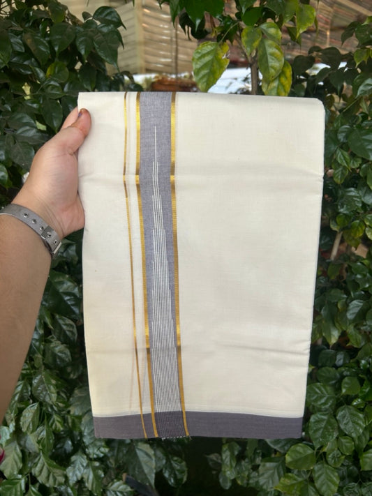 20% Discount ! Kaitharikada Balaramapuram 100% Pure Cotton Double Off white (Unbleached) Mundu/Dhoti - 100x80 - 1.5 inch Gold Kasav & Matte Purple Shaded Stripes Chutty Kara - 20 KK5283 PMC