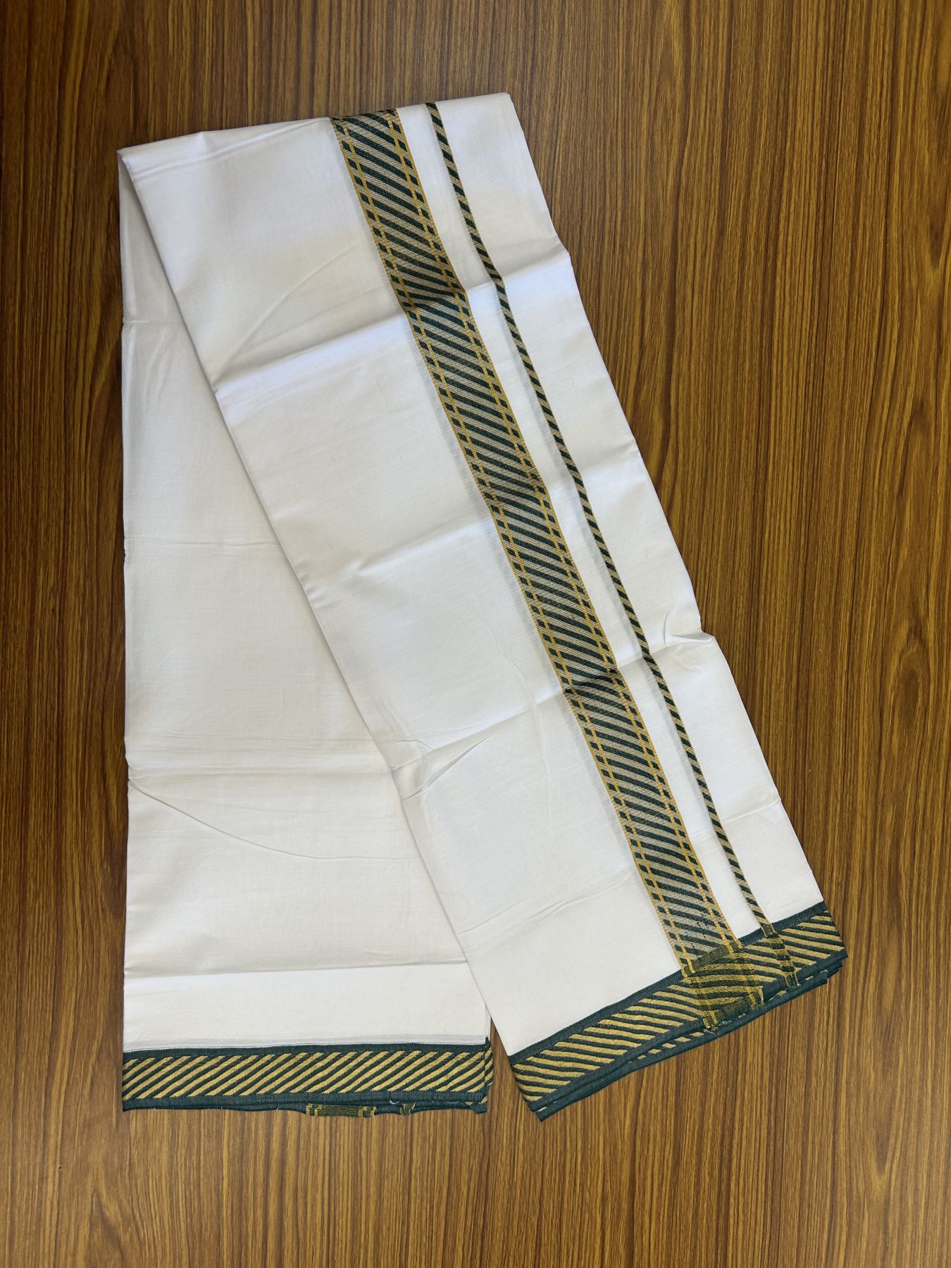 20% Discount ! KaithariKada Balaramapuram 100% Pure Cotton Single Pure White Mundu/Dhoti - 30X70 - 1.5 inch Gold Kasav & Green Jacquard Design kara 1.90 mtr (4 Muzham) - 11 KK5321 CJT
