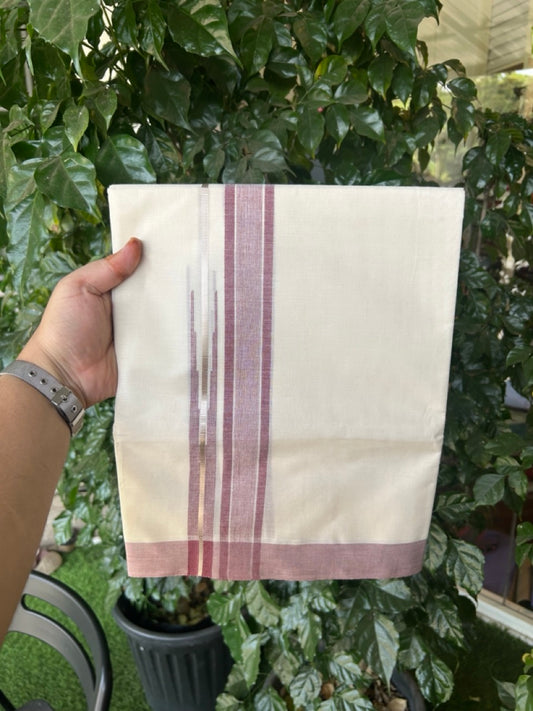 20% Discount ! Kaitharikada Balaramapuram 100% Pure Cotton Double Off white (Unbleached) Mundu/Dhoti - 100x80 - 1.25 inch Silver Kasav Light Maroon Shaded Stripes Chutty Kara 4 mtr (8.5 muzham) - 33 KK5283 PMC