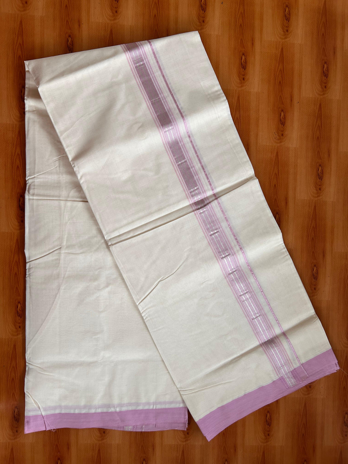 20% Discount ! KaithariKada 100% Cotton Off White (Unbleached) Double Dhoti/Mundu- 100X100 - 1.25 inch Silver Kasav & Light Pink Shaded Striped Kara 4.50 Meters (10 Muzham) - 9 KK5539 ASH