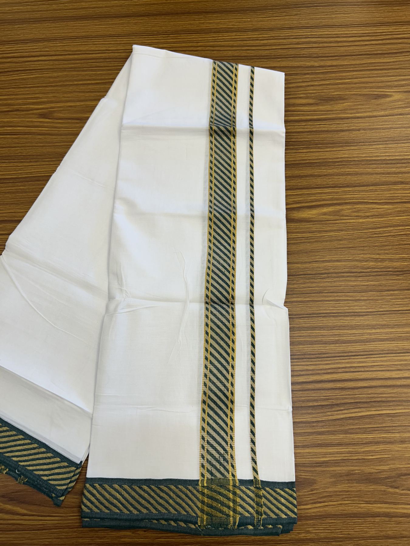 20% Discount ! KaithariKada Balaramapuram 100% Pure Cotton Single Pure White Mundu/Dhoti - 30X70 - 1.5 inch Gold Kasav & Green Jacquard Design kara 1.90 mtr (4 Muzham) - 11 KK5321 CJT