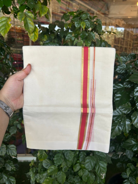 20% Discount ! Kaitharikada Balaramapuram 100% Pure Cotton Double Off white (Unbleached) Mundu/Dhoti - 100x80 - 0.75 inch Gold Kasav & Red Shaded Chutty Kara - 24 KK5283 PMC