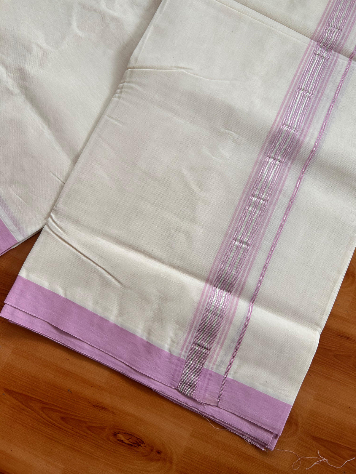 20% Discount ! KaithariKada 100% Cotton Off White (Unbleached) Double Dhoti/Mundu- 100X100 - 1.25 inch Silver Kasav & Light Pink Shaded Striped Kara 4.50 Meters (10 Muzham) - 9 KK5539 ASH