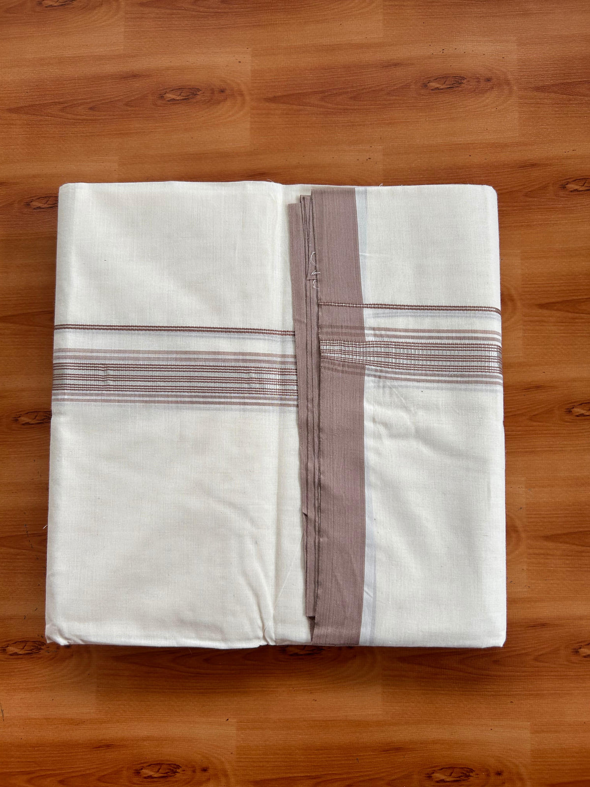 20% Discount ! KaithariKada 100% Cotton Off White (Unbleached) Double Dhoti/Mundu- 100X100 - 1.25 inch Silver Kasav & Light Brown Shaded Striped Kara 4.50 Meters (10 Muzham) - 10 KK5539 ASH