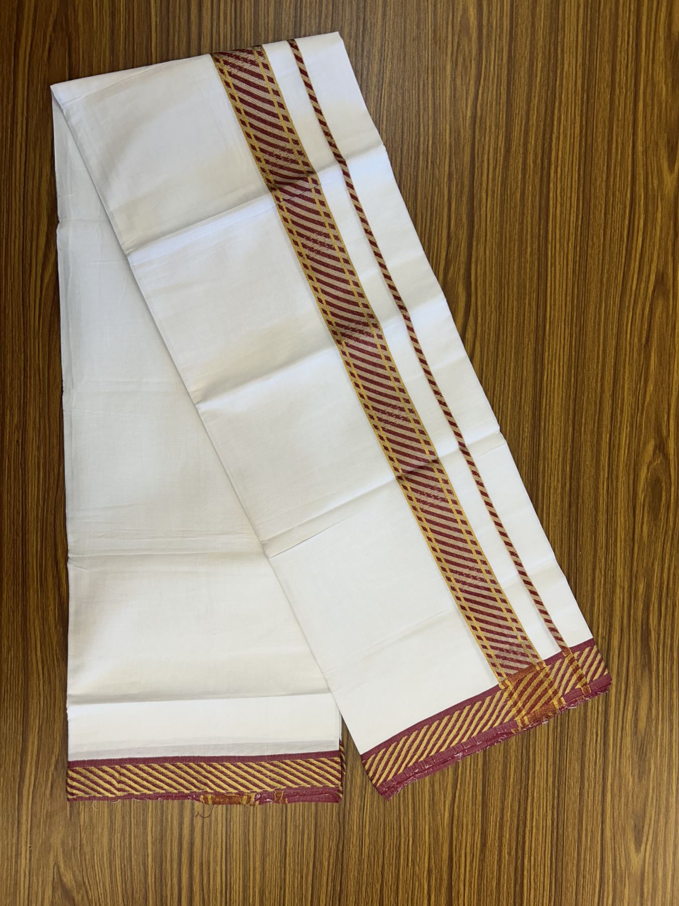 20% Discount ! KaithariKada Balaramapuram 100% Pure Cotton Single Pure White Mundu/Dhoti - 30X70 - 1.5 inch Gold Kasav & Maroon Jacquard Design kara 1.90 mtr (4 Muzham) - 12 KK5321 CJT