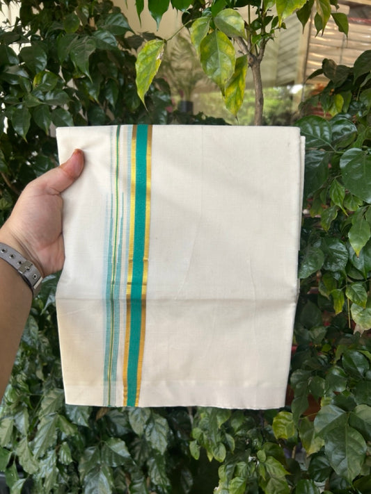 20% Discount ! Kaitharikada Balaramapuram 100% Pure Cotton Double Off white (Unbleached) Mundu/Dhoti - 100x80 - 0.75 inch Gold Kasav & Persian Green Shaded Chutty Kara - 23 KK5283 PMC