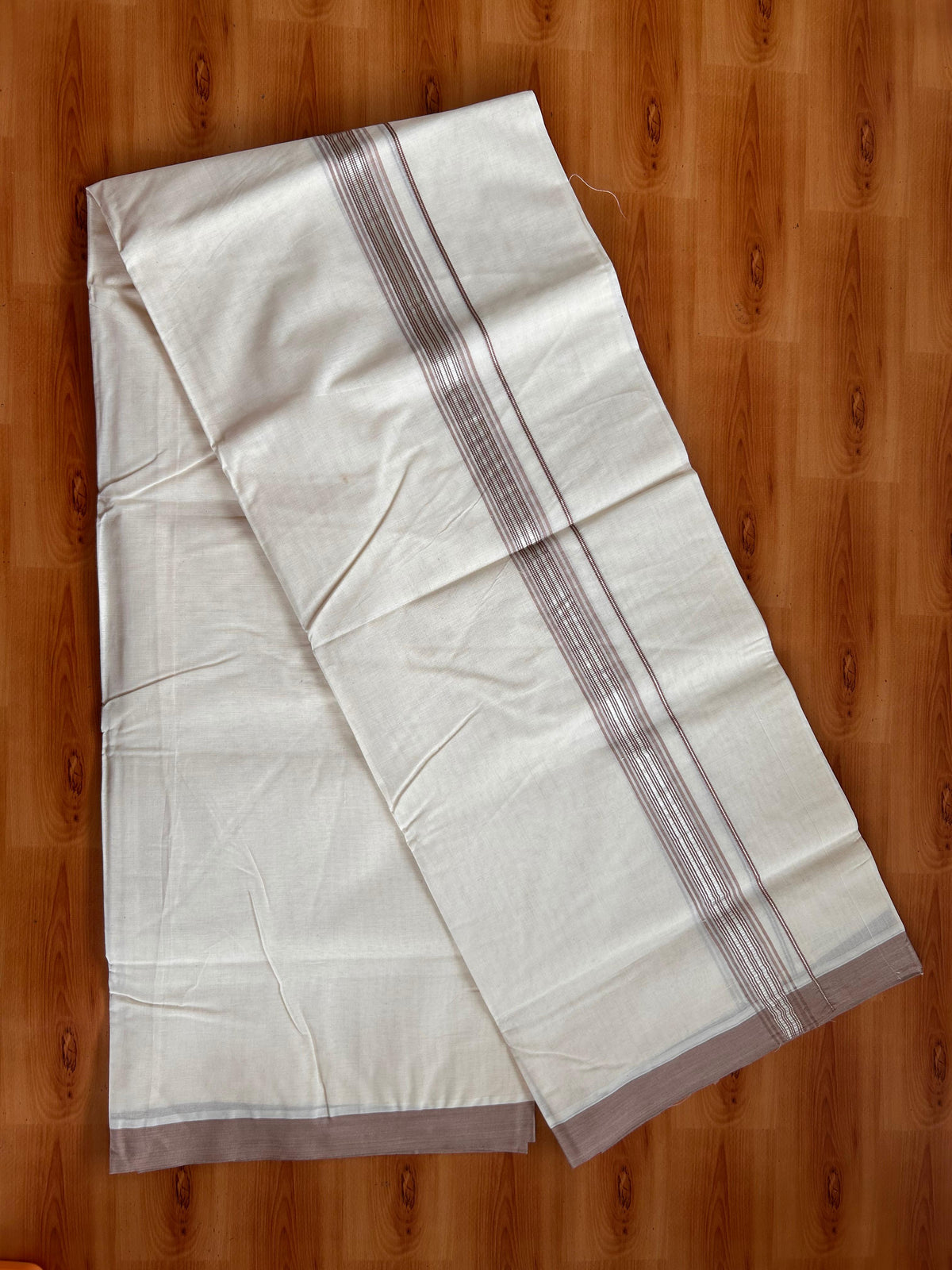 20% Discount ! KaithariKada 100% Cotton Off White (Unbleached) Double Dhoti/Mundu- 100X100 - 1.25 inch Silver Kasav & Light Brown Shaded Striped Kara 4.50 Meters (10 Muzham) - 10 KK5539 ASH
