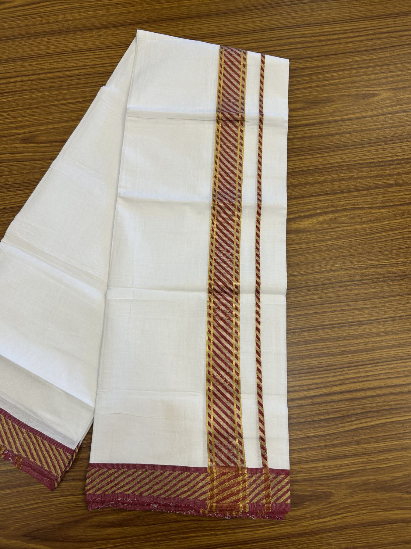 20% Discount ! KaithariKada Balaramapuram 100% Pure Cotton Single Pure White Mundu/Dhoti - 30X70 - 1.5 inch Gold Kasav & Maroon Jacquard Design kara 1.90 mtr (4 Muzham) - 12 KK5321 CJT