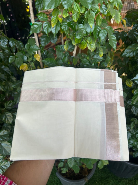 20% DISCOUNT!! KaithariKada Balaramapuram DOUBLE OFF WHITE - (Ubleached) Mundu/Dhoti - Cotton mix - 80s - 1.5 inch Light Rose Pink kasavu Kara 4 mtr (8.5 Muzham) - 39 KK5284 PMC