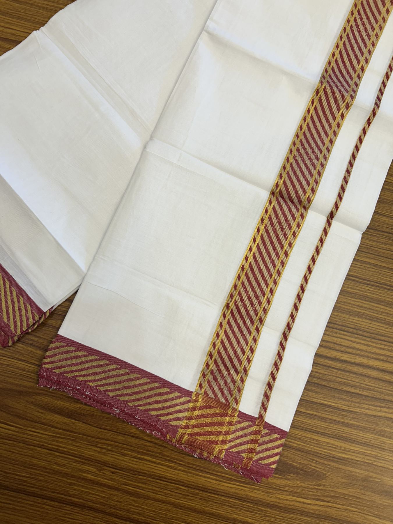 20% Discount ! KaithariKada Balaramapuram 100% Pure Cotton Single Pure White Mundu/Dhoti - 30X70 - 1.5 inch Gold Kasav & Maroon Jacquard Design kara 1.90 mtr (4 Muzham) - 12 KK5321 CJT
