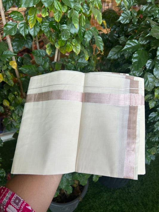 19% DISCOUNT! KaithariKada Balaramapuram DOUBLE OFF WHITE - (Ubleached) Mundu/Dhoti - Cotton mix - 80s - 1 inch Light Rose Pink kasavu Kara 4 mtr (8.5 Muzham) - 40 KK5284 PMC