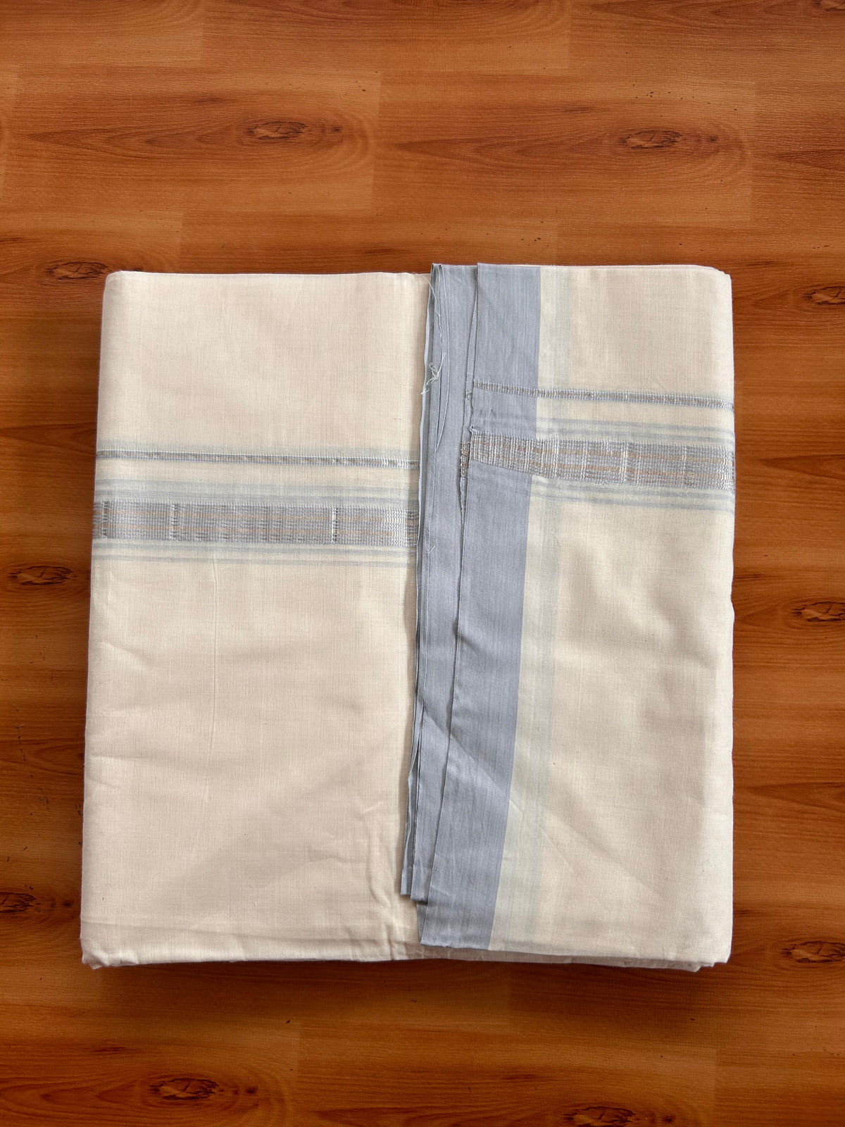 20% Discount ! KaithariKada 100% Cotton Off White (Unbleached) Double Dhoti/Mundu- 100X100 - 1.25 inch Silver Kasav & Light Blue Shaded Striped Kara 4.50 Meters (10 Muzham) - 11 KK5539 ASH
