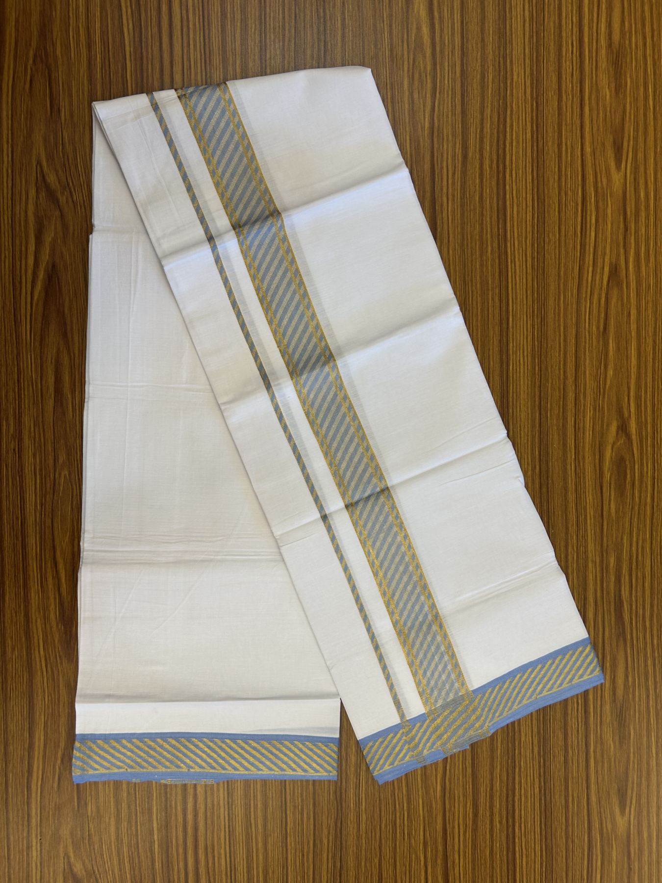 20% Discount ! KaithariKada Balaramapuram 100% Pure Cotton Single Pure White Mundu/Dhoti - 30X70 - 1.5 inch Gold Kasav & Light Blue Jacquard Design kara 1.90 mtr (4 Muzham) - 13 KK5321 CJT