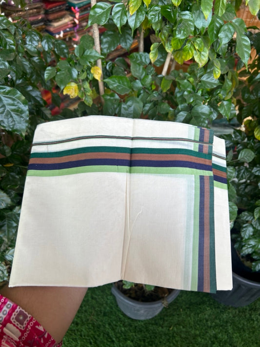 16% DISCOUNT ! KaithariKada Balaramapuram 100% Cotton off white (Unbleached) Double  Mundu/Dhoti - 100X80 - 1.5 inch Multi Colour kara 4 mtr (8.5 muzham) - 38 KK5284 PMC
