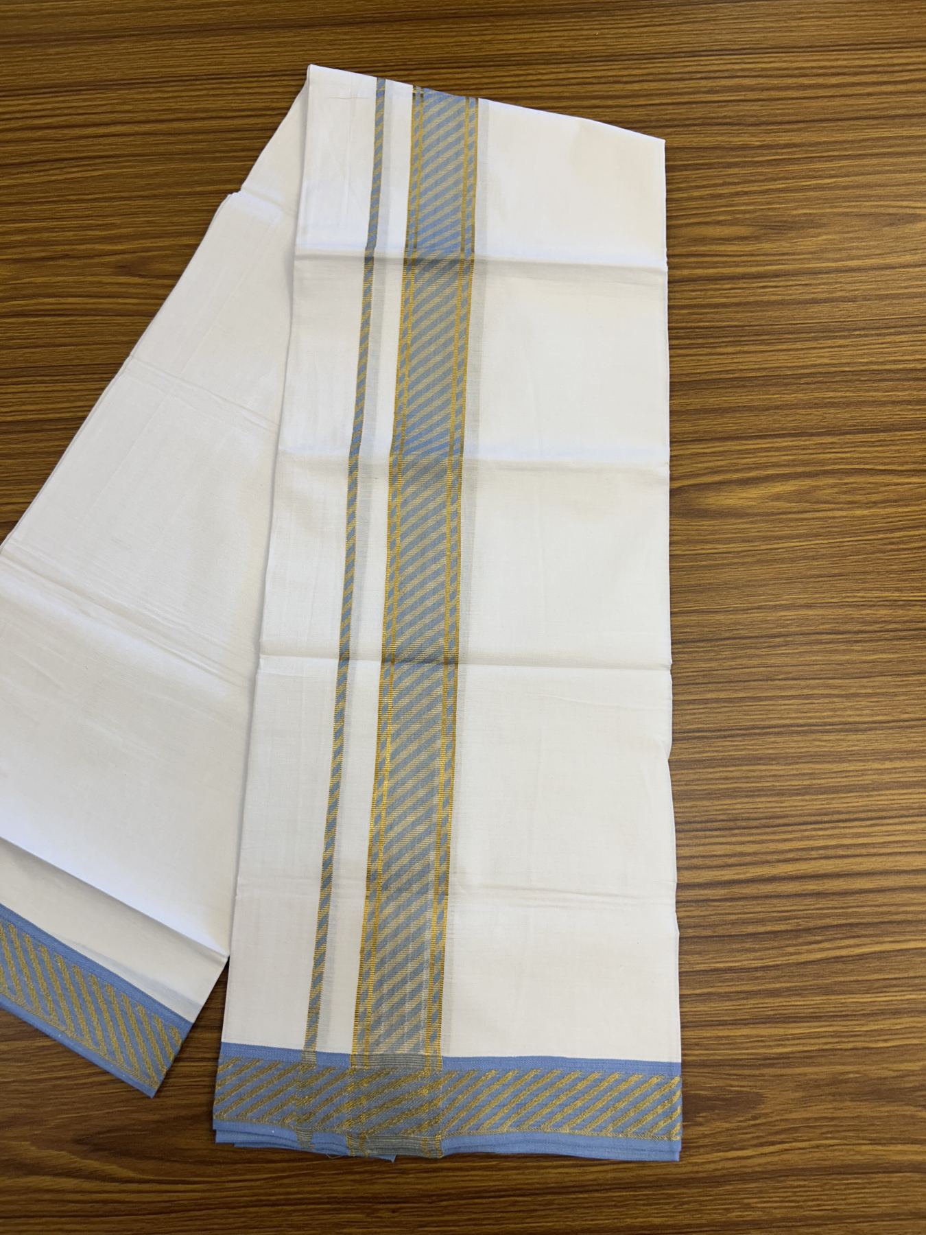 20% Discount ! KaithariKada Balaramapuram 100% Pure Cotton Single Pure White Mundu/Dhoti - 30X70 - 1.5 inch Gold Kasav & Light Blue Jacquard Design kara 1.90 mtr (4 Muzham) - 13 KK5321 CJT