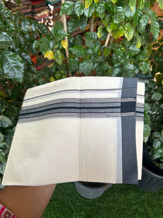 20% Discount! KaithariKada Balaramapuram Pure Cotton Double Off White Mundu/Dhoti - 100x80 - 1.75 Inch Silver Kasav & Black Shaded Stripes Kara 4 mtr (8.5 Muzham) - 28 KK5284 PMC
