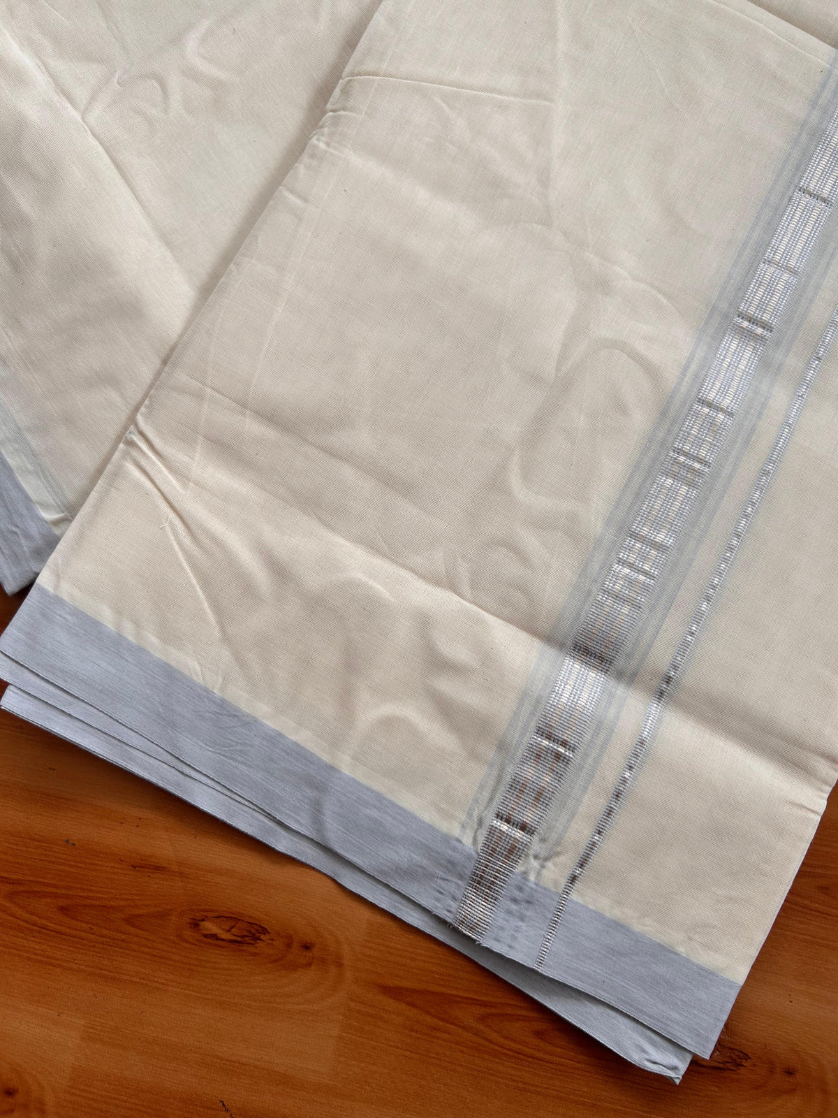 20% Discount ! KaithariKada 100% Cotton Off White (Unbleached) Double Dhoti/Mundu- 100X100 - 1.25 inch Silver Kasav & Light Blue Shaded Striped Kara 4.50 Meters (10 Muzham) - 11 KK5539 ASH