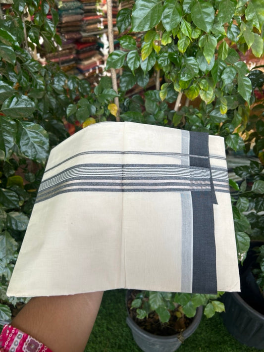 20% Discount! KaithariKada Balaramapuram Pure Cotton Double Off White Mundu/Dhoti - 100x80 - 1.75 Inch Silver Kasav & Black Shaded Stripes Kara 4 mtr (8.5 Muzham) - 27 KK5284 PMC