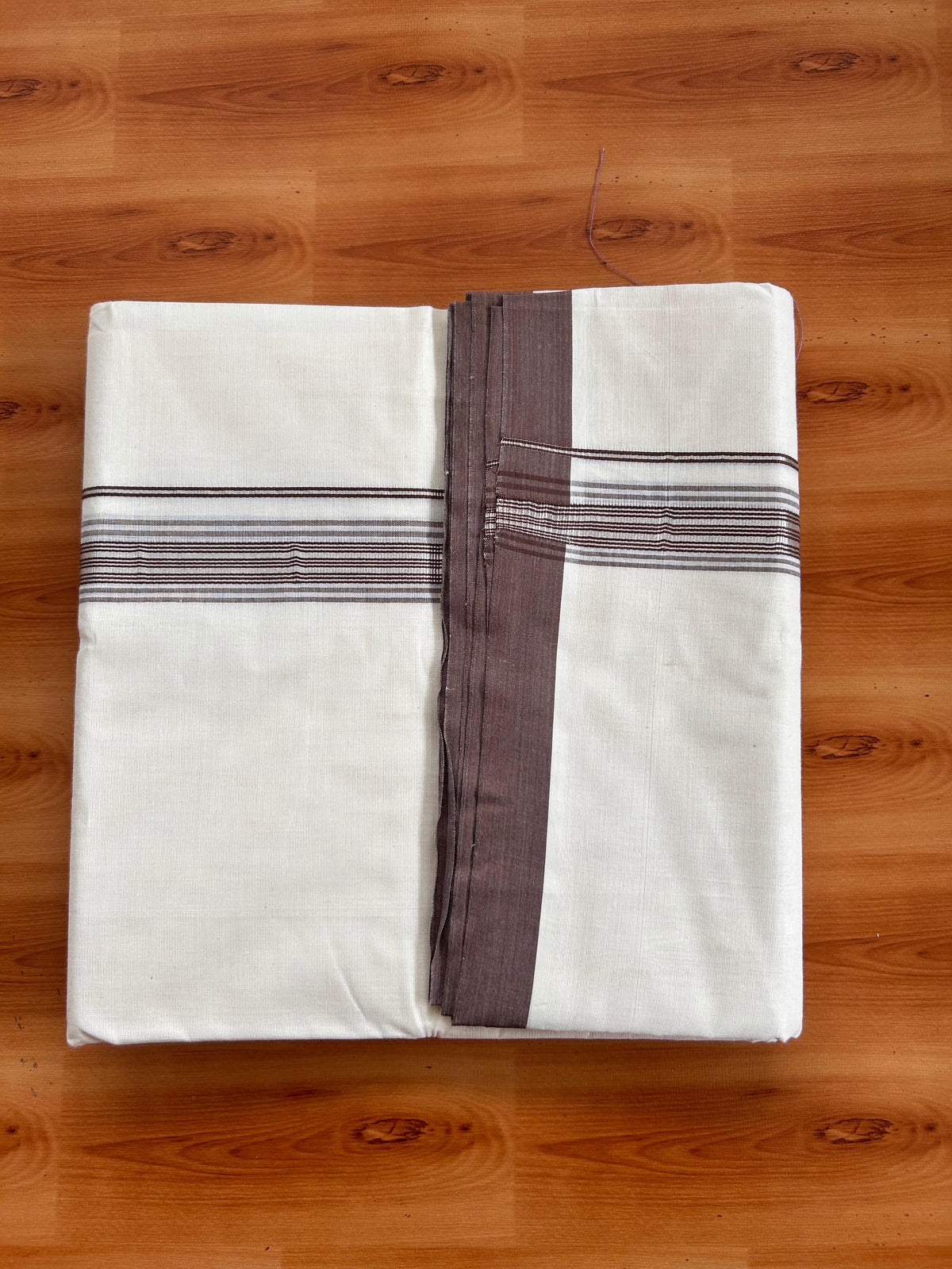 20% Discount ! KaithariKada 100% Cotton Off White (Unbleached) Double Dhoti/Mundu- 100X100 - 1.25 inch Silver Kasav & Brown Shaded Striped Kara 4.50 Meters (10 Muzham) - 12 KK5539 ASH