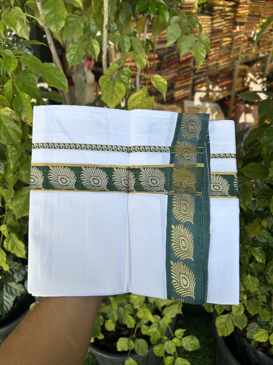 20% Discount ! KaithariKada Balaramapuram 100% Cotton Single Pure White Mundu/Dhoti - 30X70 - 1.5 inch Gold Kasav & Green Peacock Feather Jacquard Design kara 1.90 mtr (4 Muzham) - 5 KK5321 CJT