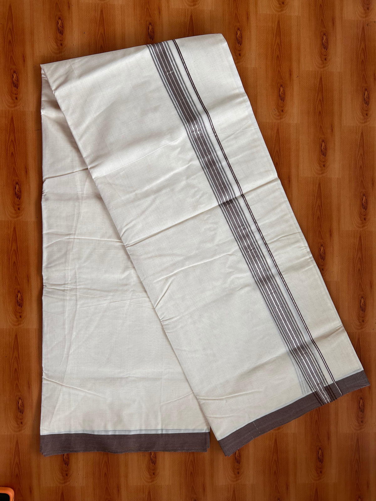 20% Discount ! KaithariKada 100% Cotton Off White (Unbleached) Double Dhoti/Mundu- 100X100 - 1.25 inch Silver Kasav & Brown Shaded Striped Kara 4.50 Meters (10 Muzham) - 12 KK5539 ASH