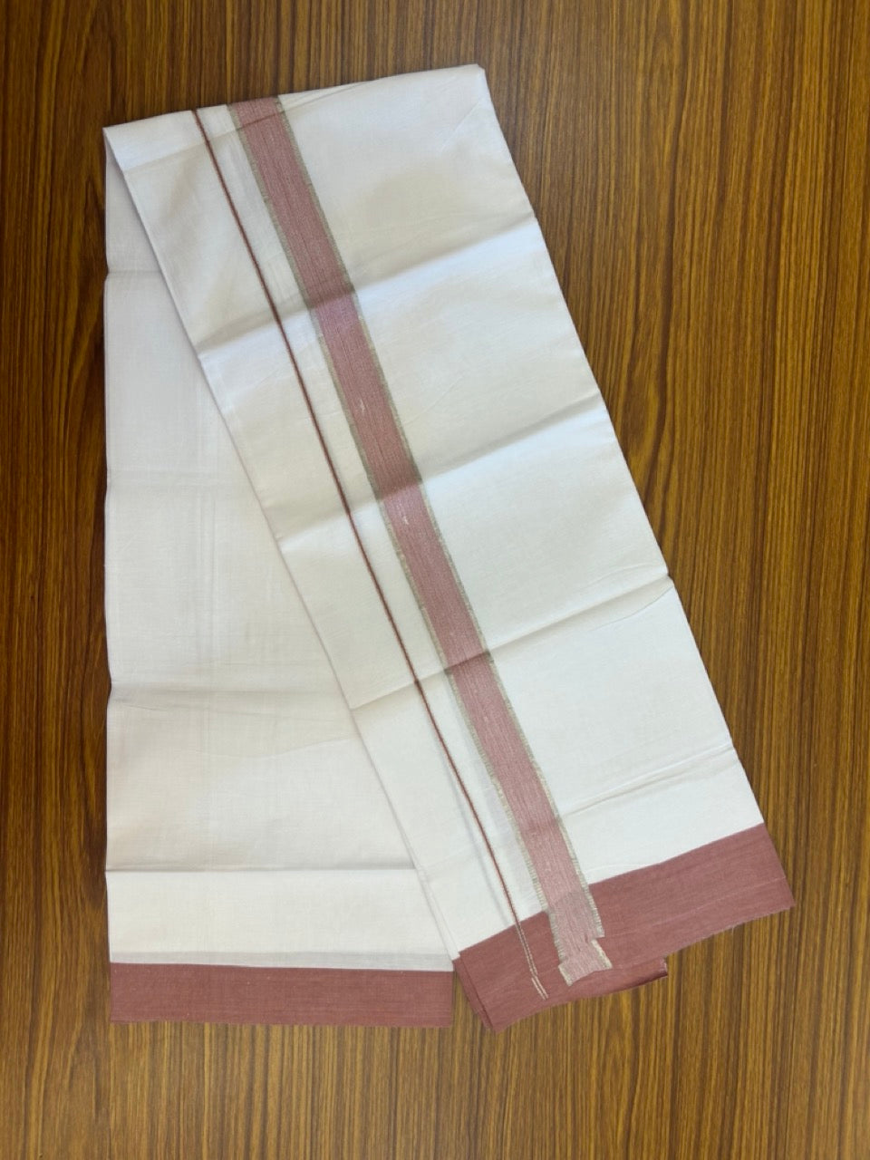 Kaitharikada - Balaramapuram 100% Pure Cotton South Indian Kids Pure White Mundu/Dhoti - 100x80 - 1.25 inch Silver Kasav & Dusty Rose Shaded Kara 1.80 mtr (4 Muzham) - 12 KK5287 PMC