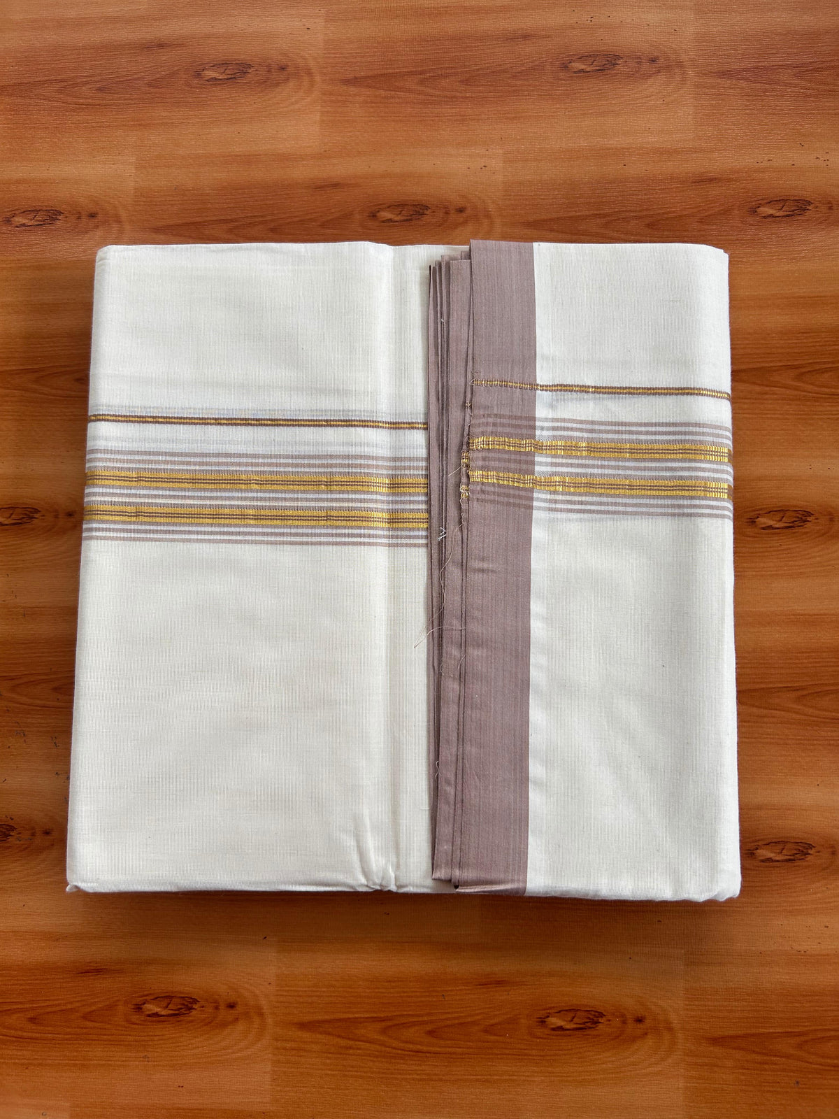 20% Discount ! KaithariKada 100% Cotton Off White (Unbleached) Double Dhoti/Mundu- 100X100 - 1.25 inch Gold Kasav & Light Brown Shaded Striped Kara 4.50 Meters (10 Muzham) - 13 KK5539 ASH