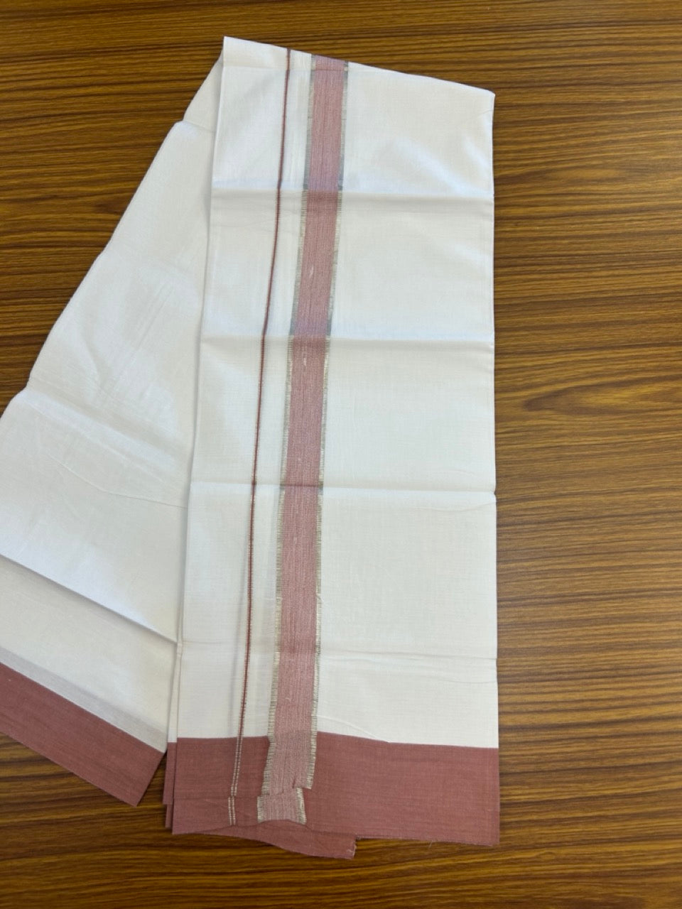 Kaitharikada - Balaramapuram 100% Pure Cotton South Indian Kids Pure White Mundu/Dhoti - 100x80 - 1.25 inch Silver Kasav & Dusty Rose Shaded Kara 1.80 mtr (4 Muzham) - 12 KK5287 PMC