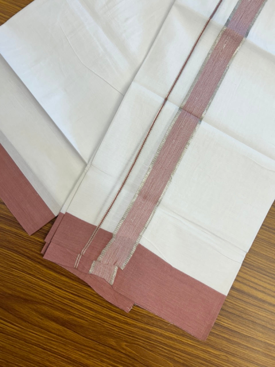 Kaitharikada - Balaramapuram 100% Pure Cotton South Indian Kids Pure White Mundu/Dhoti - 100x80 - 1.25 inch Silver Kasav & Dusty Rose Shaded Kara 1.80 mtr (4 Muzham) - 12 KK5287 PMC