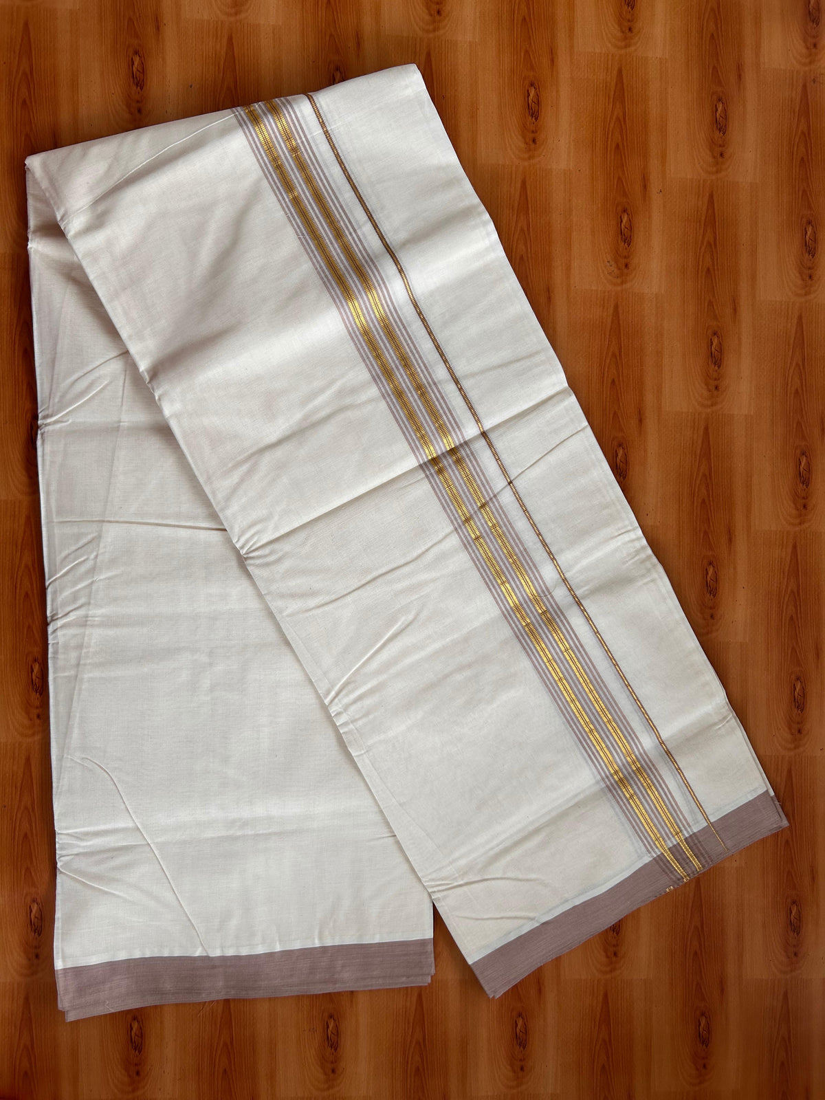 20% Discount ! KaithariKada 100% Cotton Off White (Unbleached) Double Dhoti/Mundu- 100X100 - 1.25 inch Gold Kasav & Light Brown Shaded Striped Kara 4.50 Meters (10 Muzham) - 13 KK5539 ASH