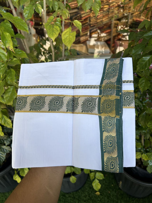 20% Discount ! KaithariKada Balaramapuram 100% Cotton Single Pure White Mundu/Dhoti - 30X70 - 1.5 inch Gold Kasav & Green Peacock Feather Jacquard Design kara 1.90 mtr (4 Muzham) - 3 KK5321 CJT