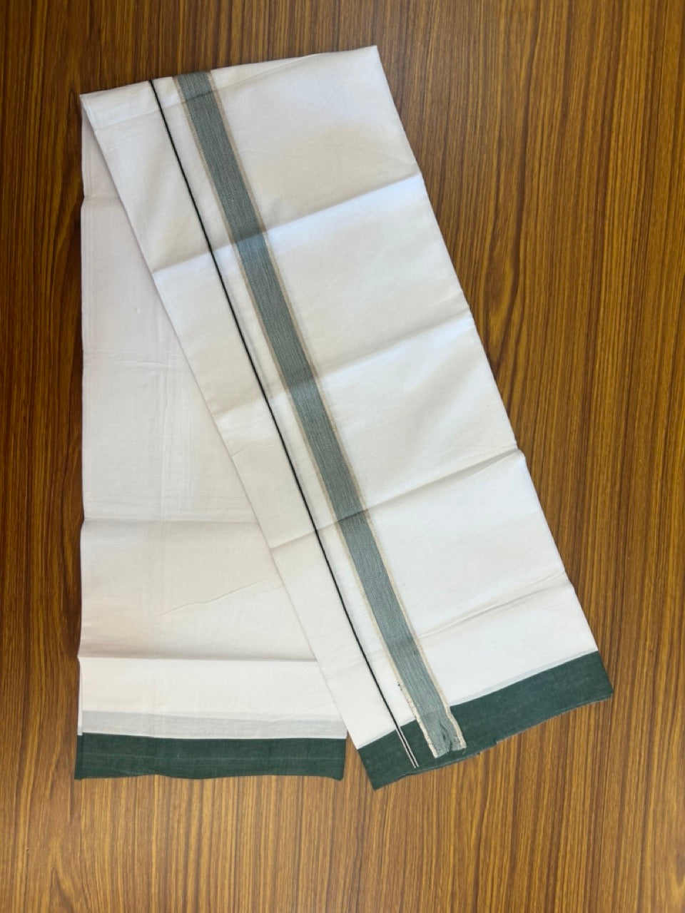 Kaitharikada - Balaramapuram 100% Pure Cotton South Indian Kids Pure White Mundu/Dhoti - 100x80 - 1.25 inch Silver Kasav & Green Shaded Kara 1.80 mtr (4 Muzham) - 11 KK5287 PMC