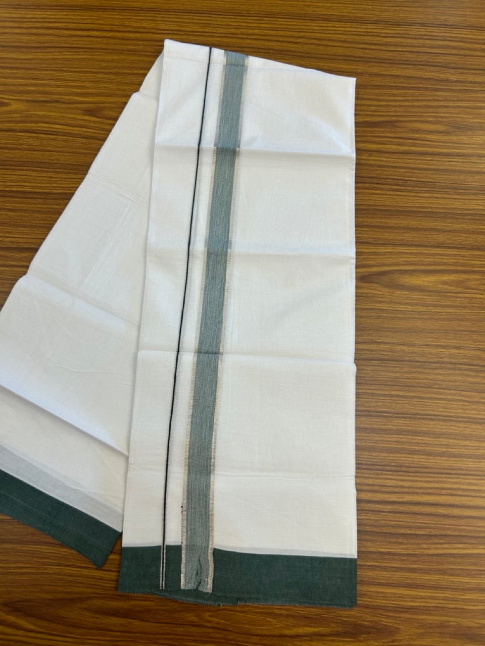 Kaitharikada - Balaramapuram 100% Pure Cotton South Indian Kids Pure White Mundu/Dhoti - 100x80 - 1.25 inch Silver Kasav & Green Shaded Kara 1.80 mtr (4 Muzham) - 11 KK5287 PMC