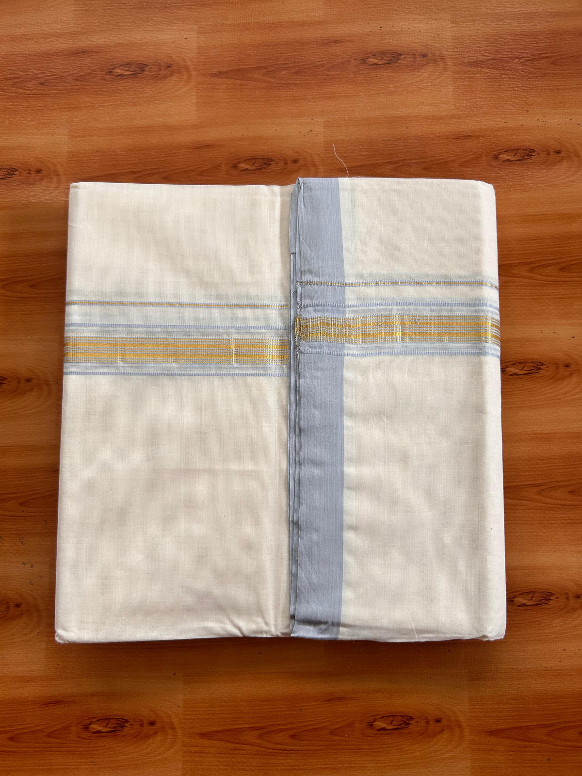20% Discount ! KaithariKada 100% Cotton Off White (Unbleached) Double Dhoti/Mundu- 100X100 - 1.25 inch Gold Kasav & Light Blue Shaded Striped Kara 4.50 Meters (10 Muzham) - 14 KK5539 ASH