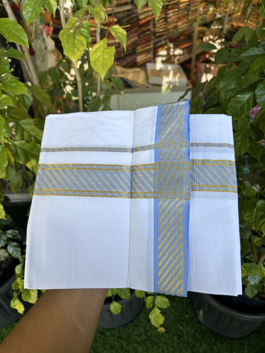 20% Discount ! KaithariKada Balaramapuram 100% Pure Cotton Single Pure White Mundu/Dhoti - 30X70 - 1.5 inch Gold Kasav & Light Blue Jacquard Design kara 1.90 mtr (4 Muzham) - 13 KK5321 CJT
