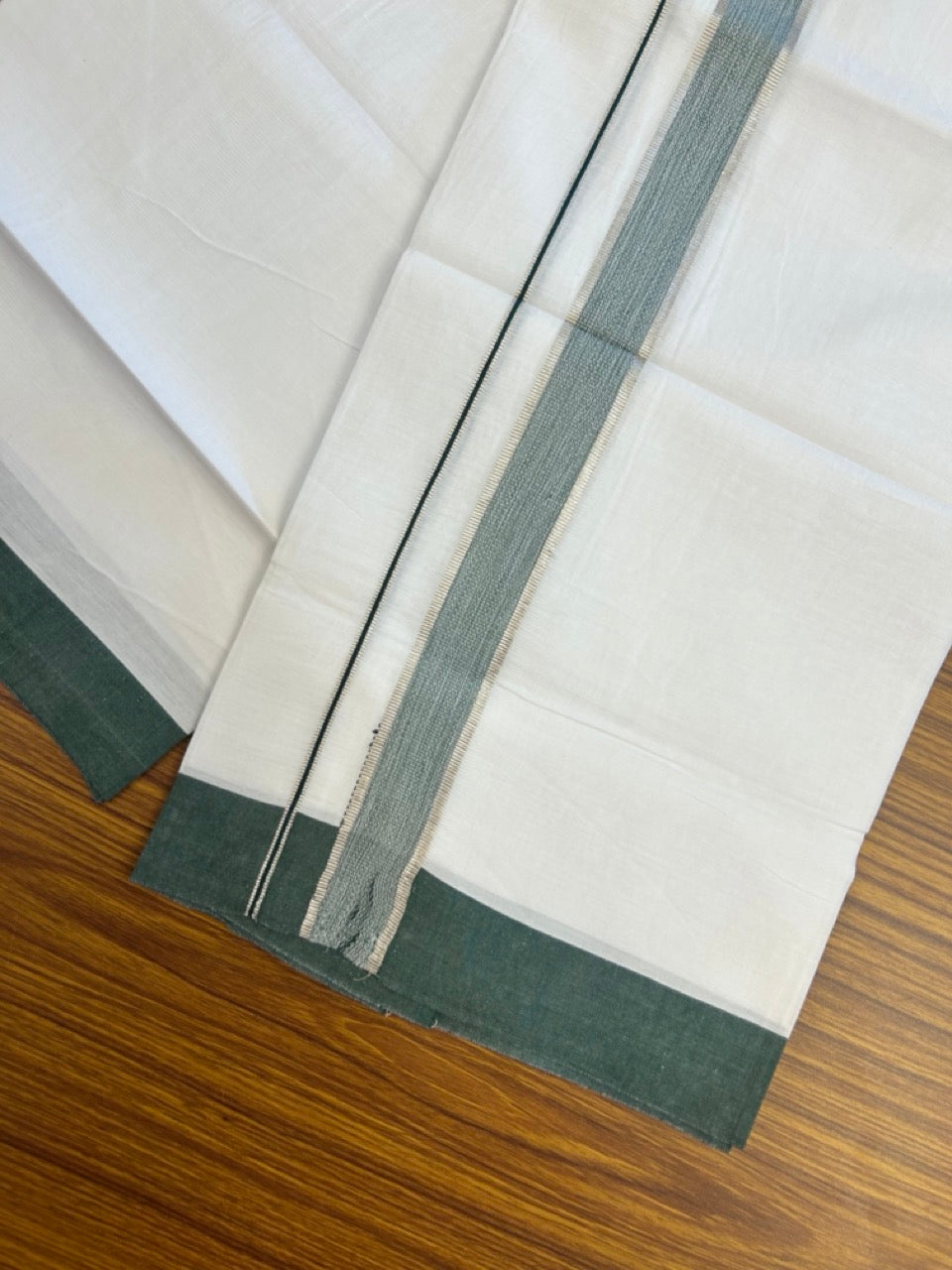 Kaitharikada - Balaramapuram 100% Pure Cotton South Indian Kids Pure White Mundu/Dhoti - 100x80 - 1.25 inch Silver Kasav & Green Shaded Kara 1.80 mtr (4 Muzham) - 11 KK5287 PMC