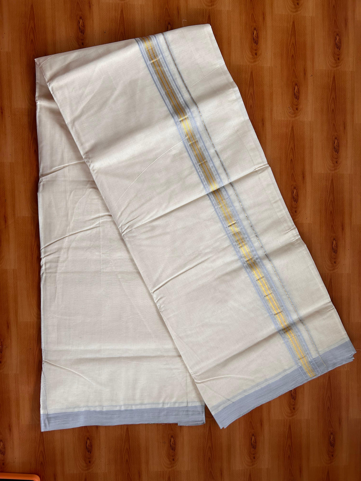20% Discount ! KaithariKada 100% Cotton Off White (Unbleached) Double Dhoti/Mundu- 100X100 - 1.25 inch Gold Kasav & Light Blue Shaded Striped Kara 4.50 Meters (10 Muzham) - 14 KK5539 ASH