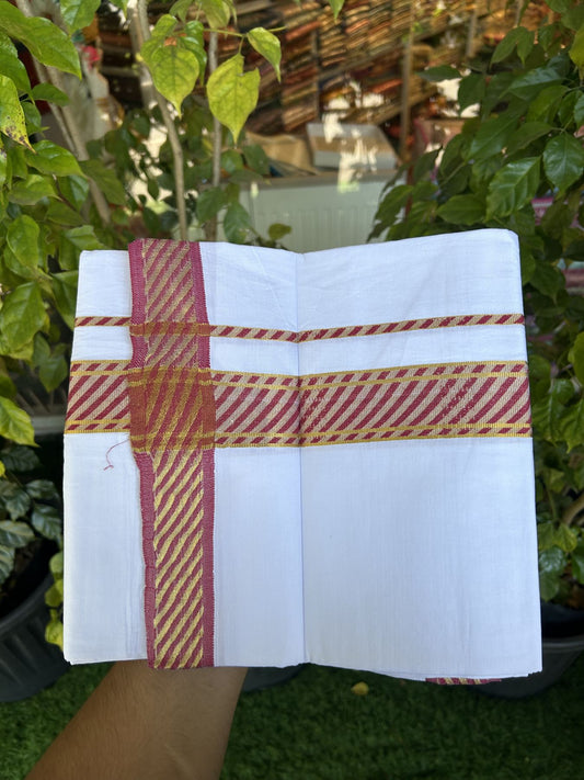 20% Discount ! KaithariKada Balaramapuram 100% Pure Cotton Single Pure White Mundu/Dhoti - 30X70 - 1.5 inch Gold Kasav & Maroon Jacquard Design kara 1.90 mtr (4 Muzham) - 12 KK5321 CJT
