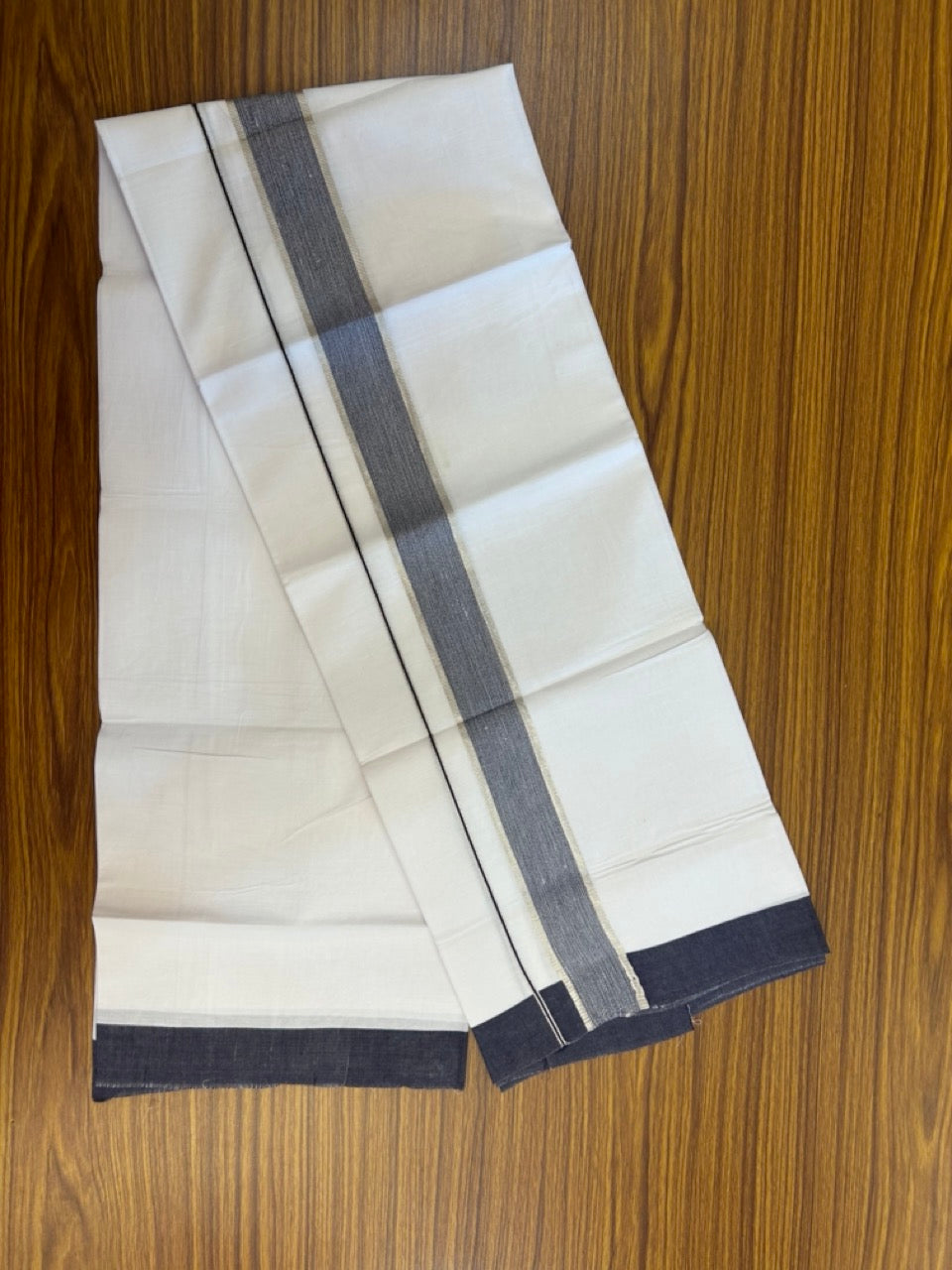 Kaitharikada - Balaramapuram 100% Pure Cotton South Indian Kids Pure White Mundu/Dhoti - 100x80 - 1.5 inch Silver Kasav & Navy Blue Shaded Kara 1.80 mtr (4 Muzham) - 13 KK5287 PMC