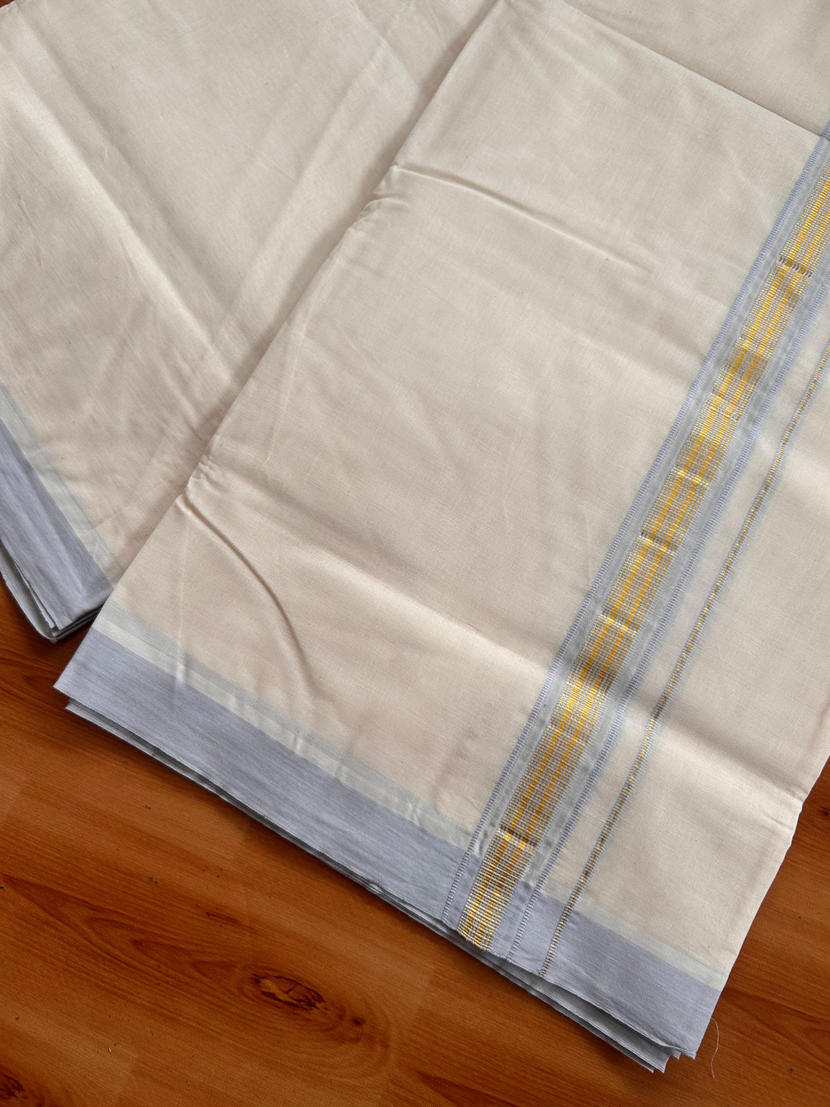 20% Discount ! KaithariKada 100% Cotton Off White (Unbleached) Double Dhoti/Mundu- 100X100 - 1.25 inch Gold Kasav & Light Blue Shaded Striped Kara 4.50 Meters (10 Muzham) - 14 KK5539 ASH