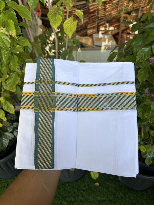 20% Discount ! KaithariKada Balaramapuram 100% Pure Cotton Single Pure White Mundu/Dhoti - 30X70 - 1.5 inch Gold Kasav & Green Jacquard Design kara 1.90 mtr (4 Muzham) - 11 KK5321 CJT
