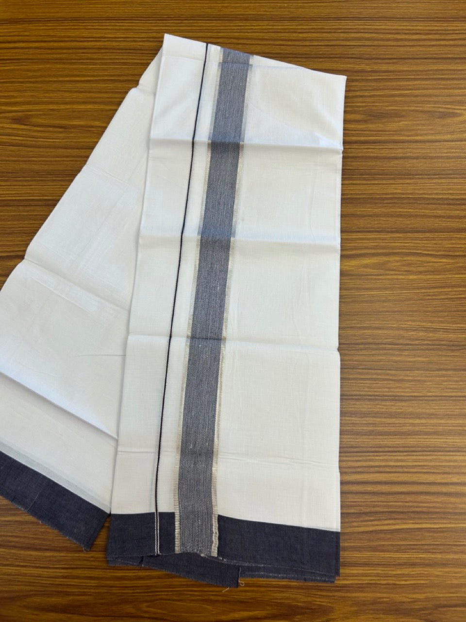 Kaitharikada - Balaramapuram 100% Pure Cotton South Indian Kids Pure White Mundu/Dhoti - 100x80 - 1.5 inch Silver Kasav & Navy Blue Shaded Kara 1.80 mtr (4 Muzham) - 13 KK5287 PMC