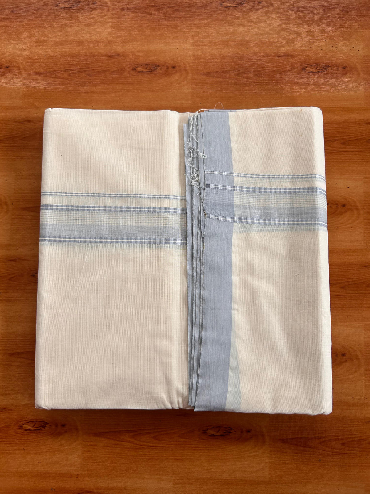 20% Discount ! KaithariKada 100% Cotton Off White (Unbleached) Double Dhoti/Mundu- 100X100 - 1.5 inch Light Blue Shaded Striped Kara 4.50 Meters (10 Muzham) - 15 KK5539 ASH