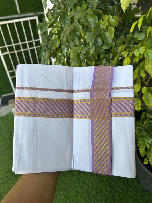 20% Discount ! KaithariKada Balaramapuram 100% Pure Cotton Single Pure White Mundu/Dhoti - 30X70 - 1.5 inch Gold Kasav & Lavender Magenta Jacquard Design kara 1.90 mtr (4 Muzham) - 10 KK5321 CJT