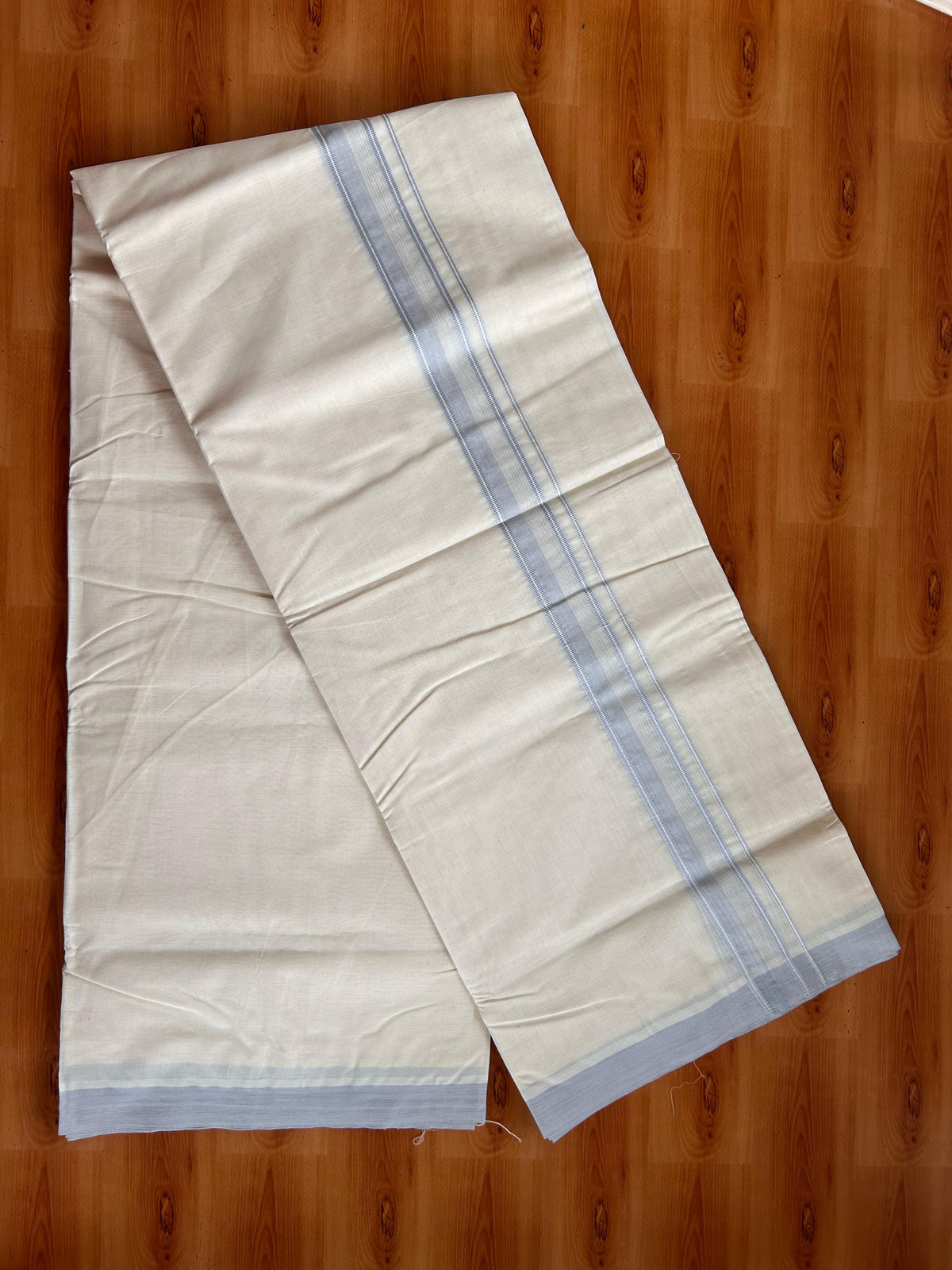 20% Discount ! KaithariKada 100% Cotton Off White (Unbleached) Double Dhoti/Mundu- 100X100 - 1.5 inch Light Blue Shaded Striped Kara 4.50 Meters (10 Muzham) - 15 KK5539 ASH