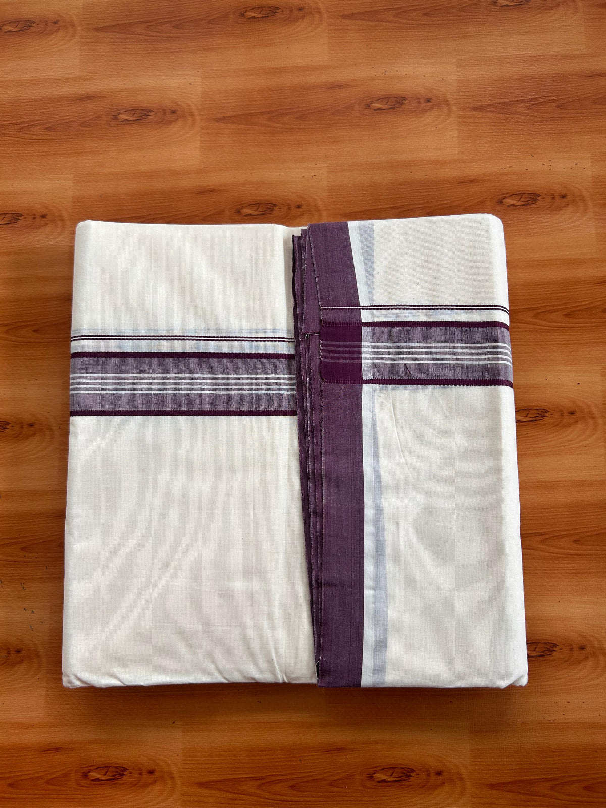 20% Discount ! KaithariKada 100% Cotton Off White (Unbleached) Double Dhoti/Mundu- 100X100 - 1.5 inch Wine Purple Shaded Striped Kara 4.50 Meters (10 Muzham) - 16 KK5539 ASH